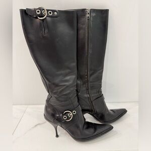 Miu Miu Black Leather Knee-High Pointed-Toe Buckle Boots
